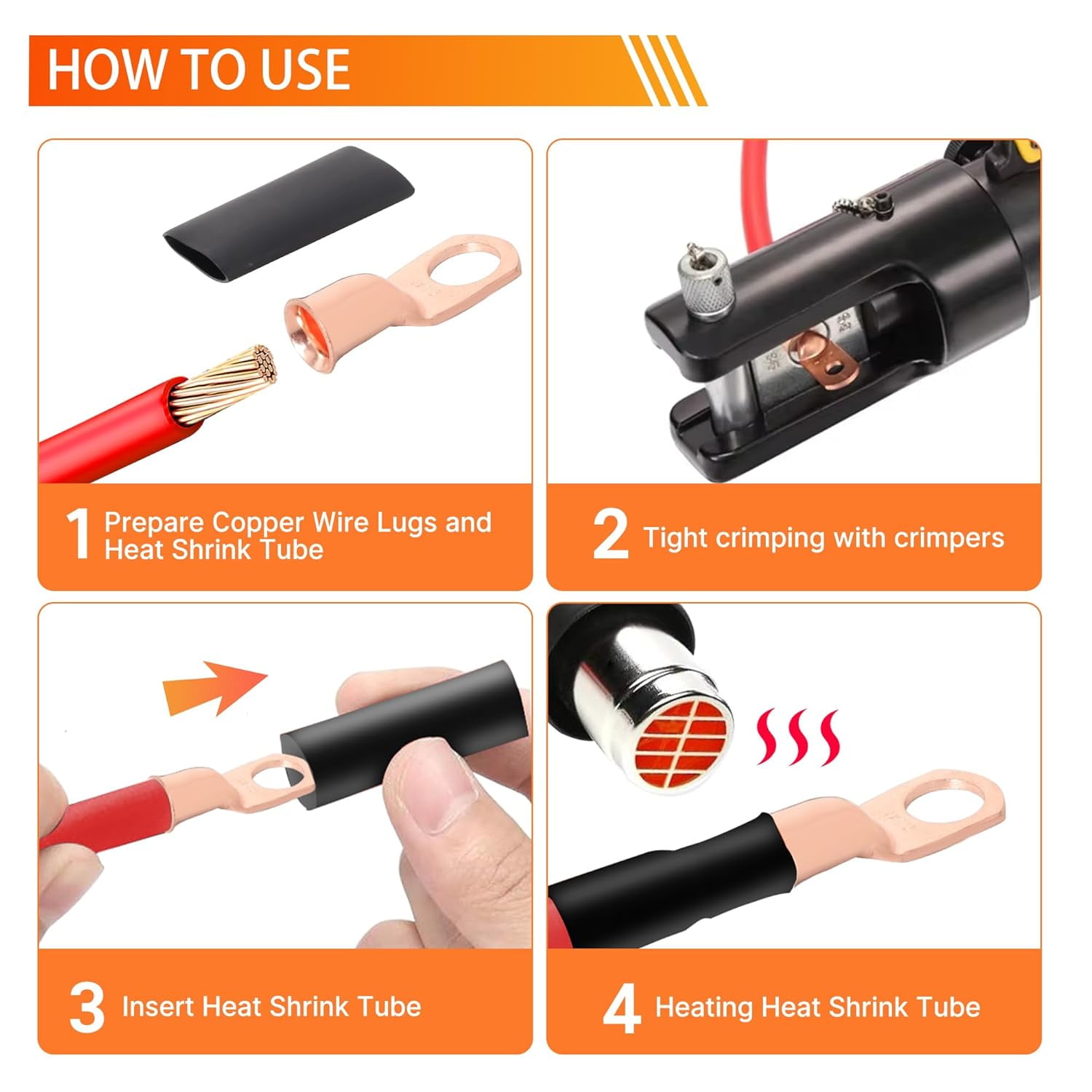 Foluck 220PCS Battery Cable Ends AWG 1 2 4 6 8 1/0 2/0 Gauge, 110PCS Heavy Duty Copper Wire Lugs Kit, Battery Cable Terminal Connectors Assortment with 110PCS 3:1 Heat Shrink Tubing