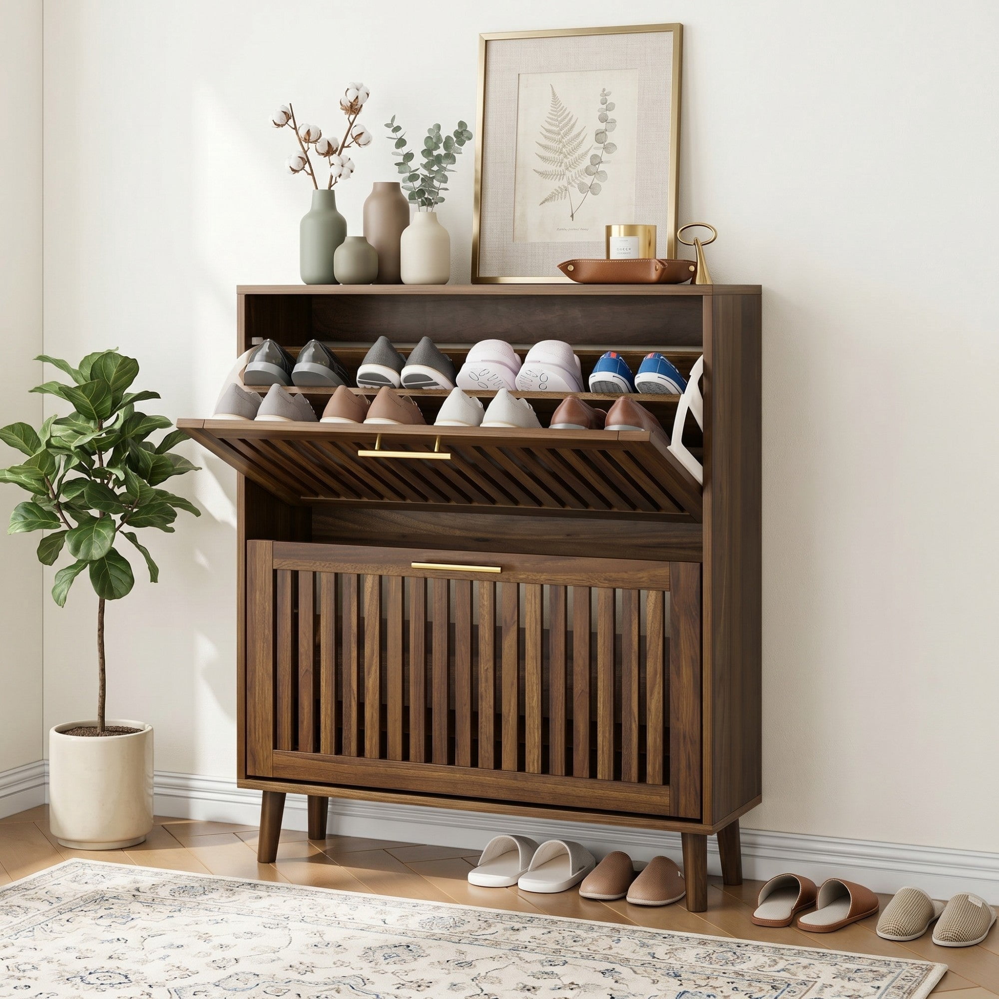 Sailvan 31.5" Walnut Shoe Storage Cabinet, Mid-Century Modern Freestanding Fence Cabinet