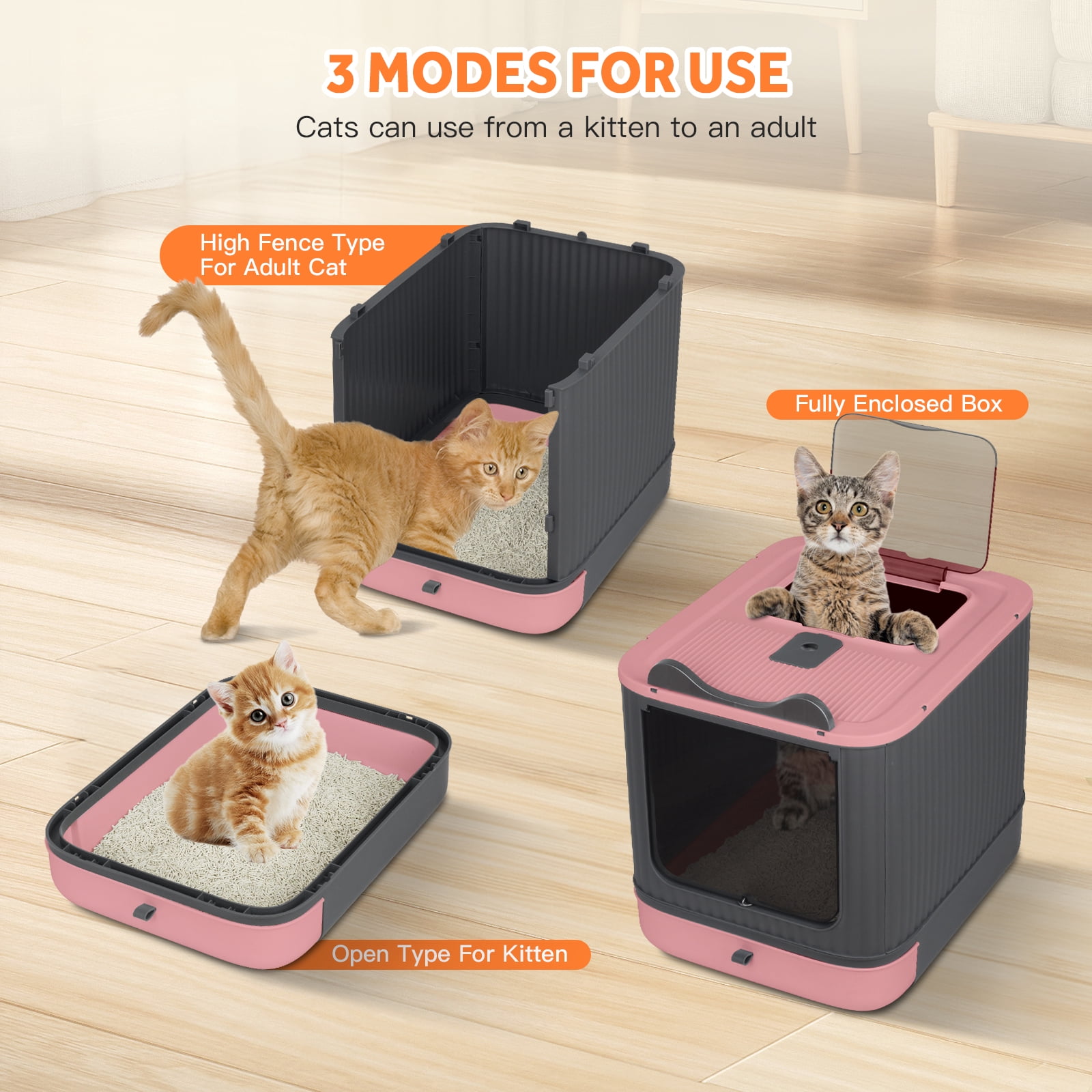 PHANCIR Enclosed Cat Litter Box with Lid, Easy to Clean with Includes Scoop & 4 Charcoal Deodorizer Bags,Pink