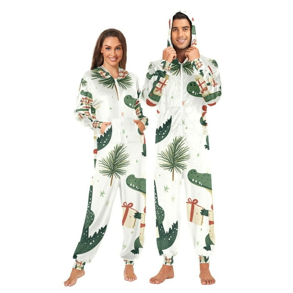 Christmas Alligators Santa Hats Adult Onesie Pajamas Slim Fit Christmas One Piece Suit Pjs for Women and Men Hooded Zipper