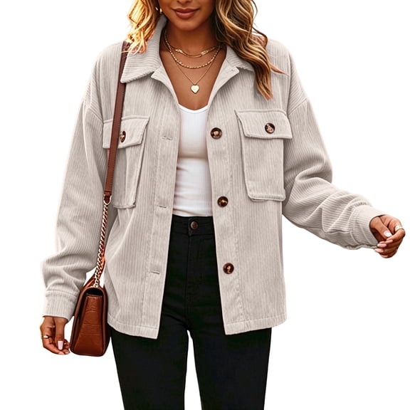 Lumtrix Jackets For Women Cropped Fashion Corduroy Button Down Coats, Long Sleeve Shacket Lapel Collar Lightweight Fall Fashion Jackets Beige M
