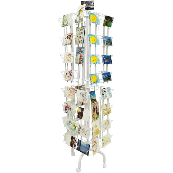 64 Adjustable Pockets Display Rack 5x7 7x5 up to 9.3" Wide X 8" Tall Cards, 1.27" deep Pockets, Double Tier Greeting Post Card Christmas Holiday Spinning Rack Stand White 10139-WHITE