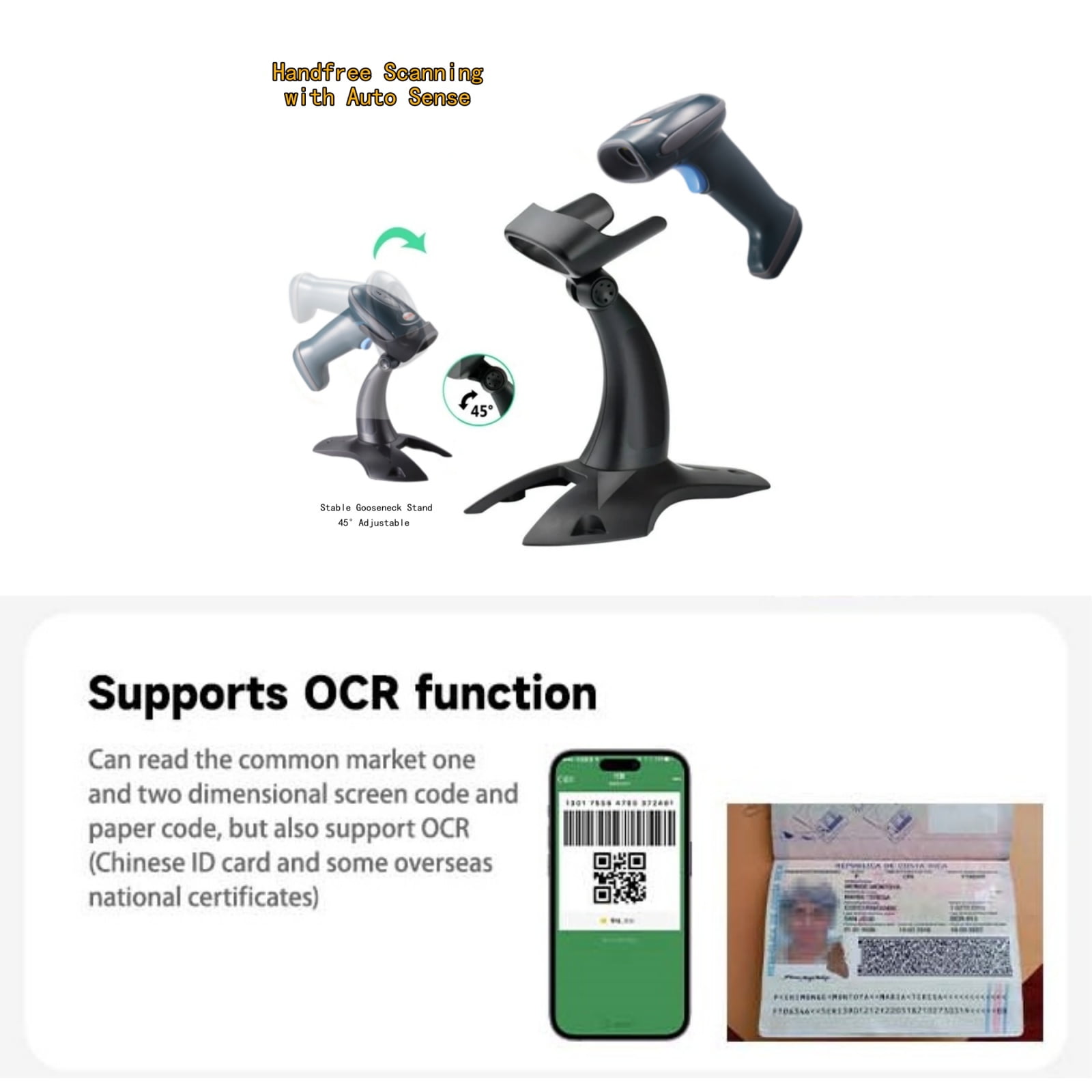 Barcode Scanner with Stand And 1 MP Global Shutter, XIANJINO USB Wired Inventory 2D 1D QR Code Scanners for Computer POS Support Automatic Screen Scanning, Handheld CMOS Image BarCode Reader