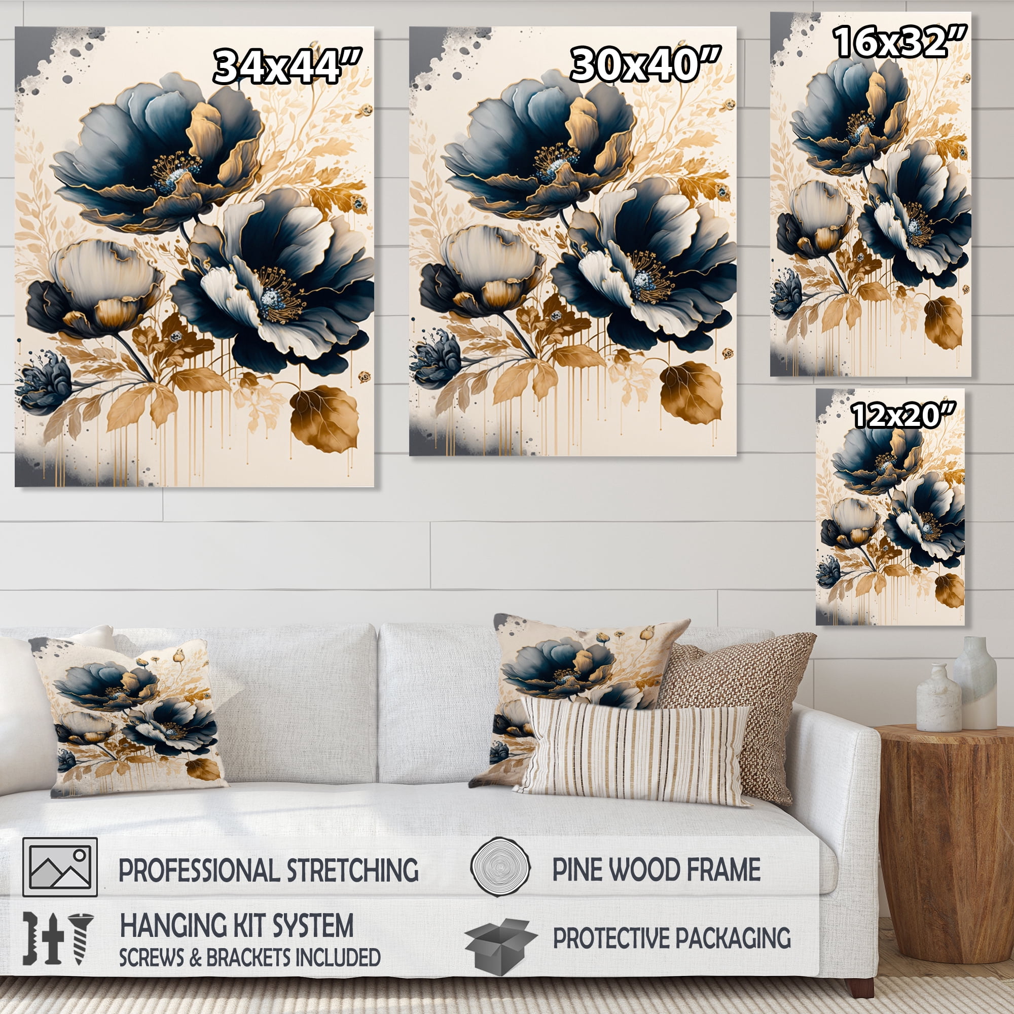 Designart Navy Blue And Gold Poppy Flowers II Canvas Wall Art