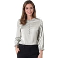 thumbnail image 1 of Blusa de satén Allegra K de oficina con botón de puño elástico y cuello con volantes gris L, 1 of 6