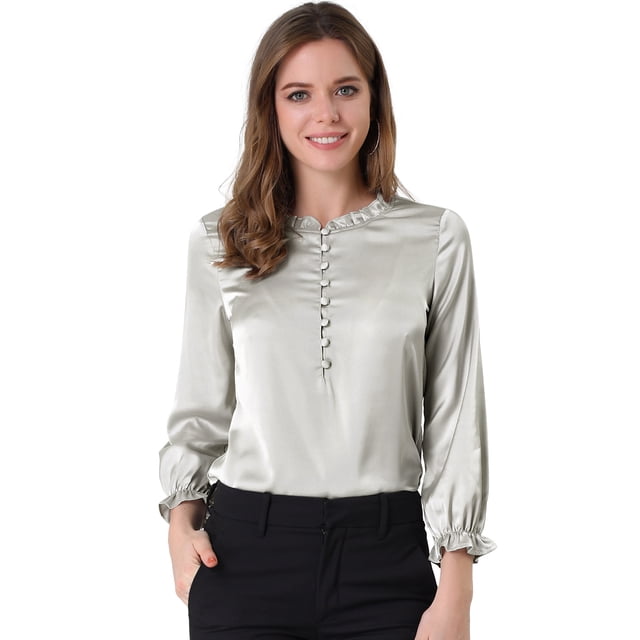 Blusa de satén Allegra K de oficina con botón de puño elástico y cuello con volantes gris L
