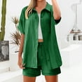 thumbnail image 5 of BLOCLOALO 2 Piece Lounge Set Short Sleeve Collared Shirts Fashion Casual Solid Color Double Layer Wrinkled Top Pants Button Down Shirts Short Matching Sets Women Clothing Soft Lounge Set Green M, 5 of 9