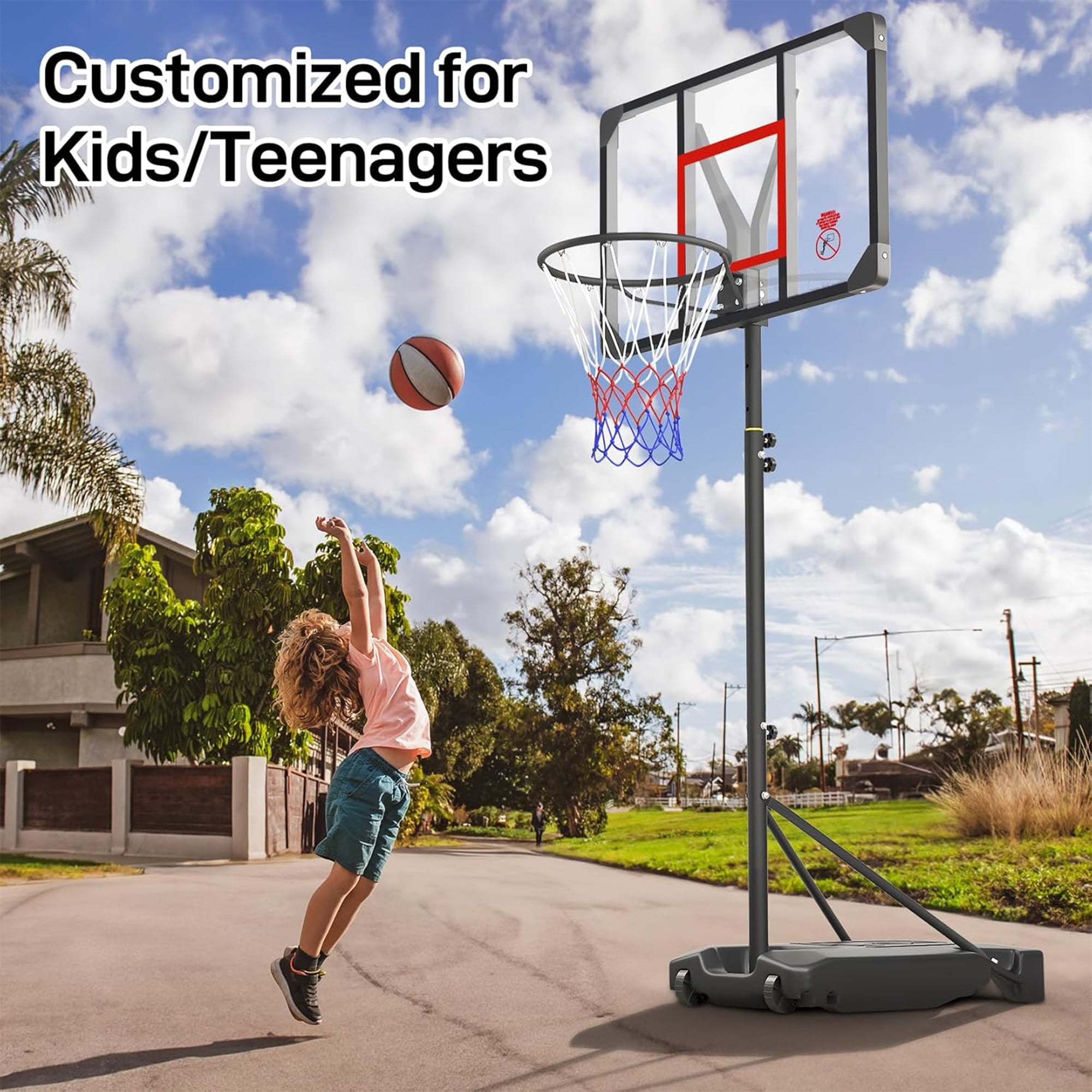 Toremore 33" Portable Basketball Hoop Outdoor Adjustable, 4.82-8.53FT, Kid Basketball Hoop Goal System with Shatterproof PC Backboard for Kids Youth and Adults,Black&Red