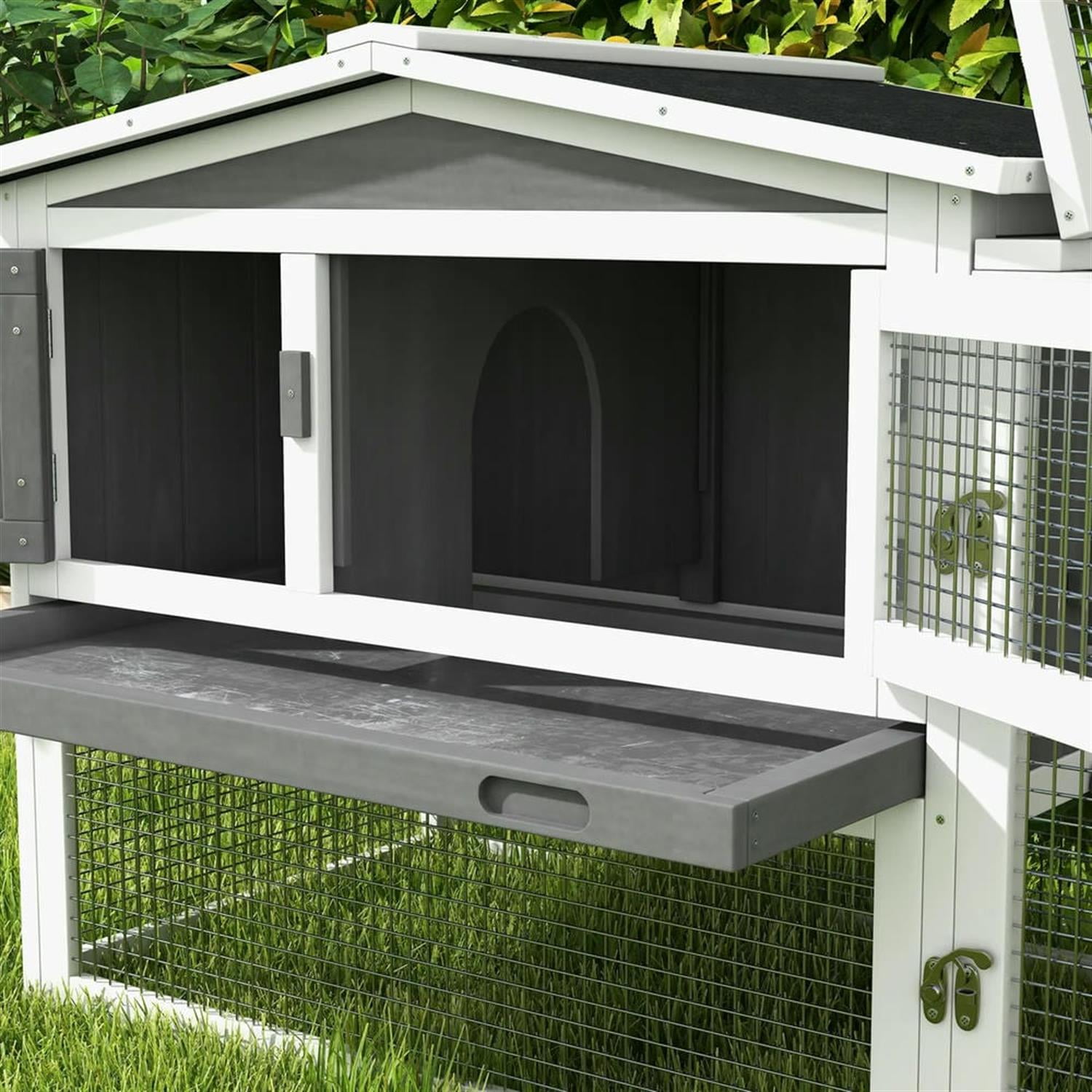 Kadyn 61" 2-Story Wooden Rabbit Hutch with Slide-out Tray, Outdoor Small Animal Habitat Enclosure Bunny Cage for Bunnies, Guinea Pigs, Gray