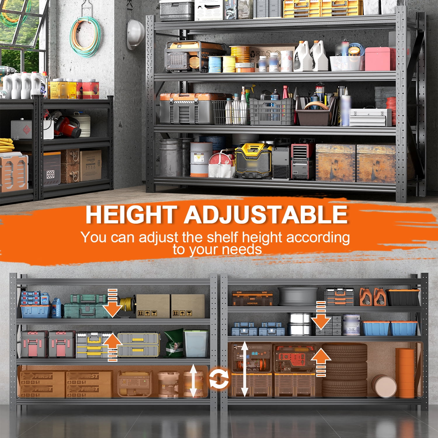 Heavy Duty Garage Shelving Unit, 4-Tier Steel Adjustable Metal Storage Shelves, 70.1 in H x 71 in W x 24 in D, 6000 lbs Industrial Rack for Garage, Basement, Warehouse, Workshop