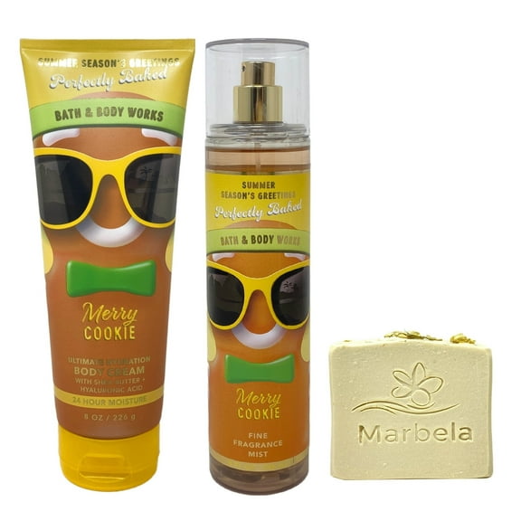 Bath & Body Works Merry Cookie Body Cream and Fragrance Mist Duo Set with a Wild Jasmine Bar Soap - Full Size