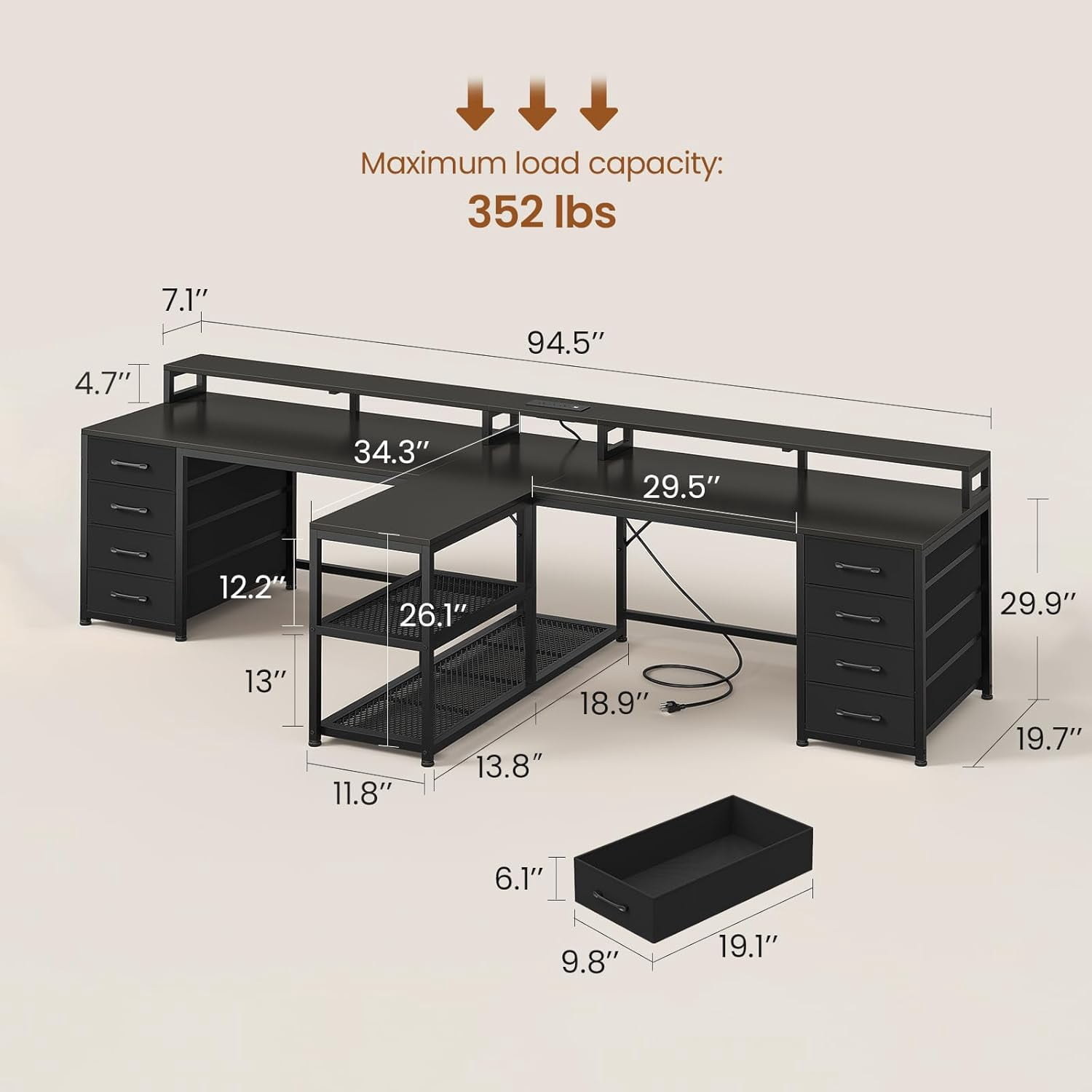2 Person Desk with Storage, 94.5" Long Double Desk with 8 Drawers and Open Shelves, Home Office Desk with Monitor Stand and Power Outlets, Gaming Desk Dual Person Desk with LED Lights, Black