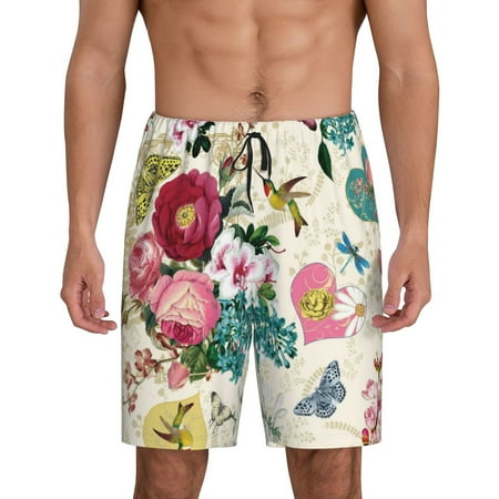 Kdxio Bird Butterfly Rose Print Mens Sleep Shorts Bottoms Soft Comfy Pajama Wear Pants with Drawstring Pockets