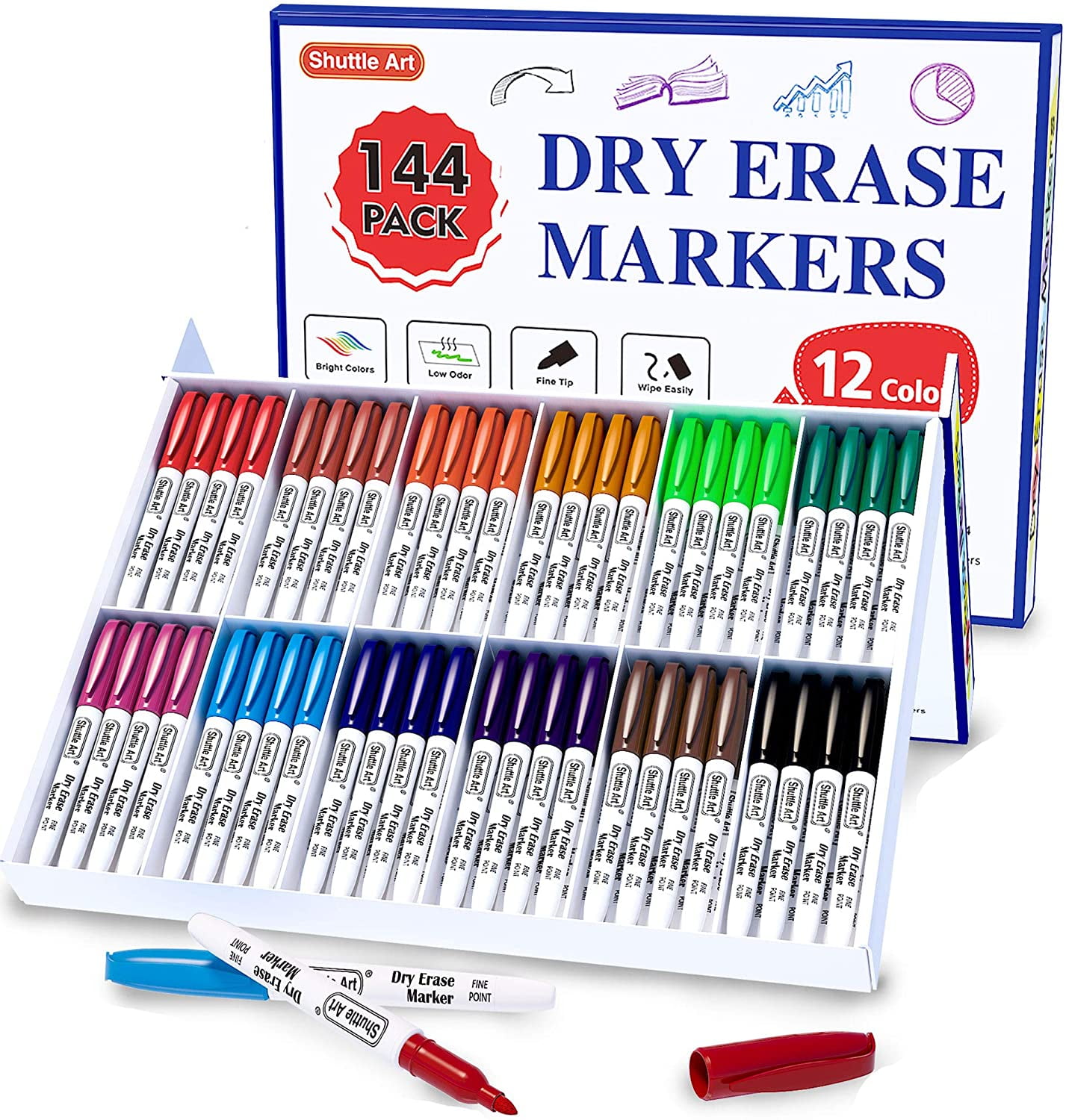 Dry Erase Markers,Shuttle Art 12 Colors 144 Bulk Pack Whiteboard Markers, Fine Point Dry Erase Markers Perfect for Writing on Dry Erase Whiteboard Mirror Glass for School Office Home