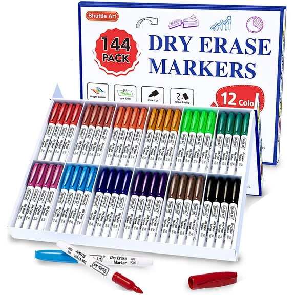 Shuttle Art Dry Erase Markers Bulk Kit, Fine Point Tip, Assorted Colors, 144 Count