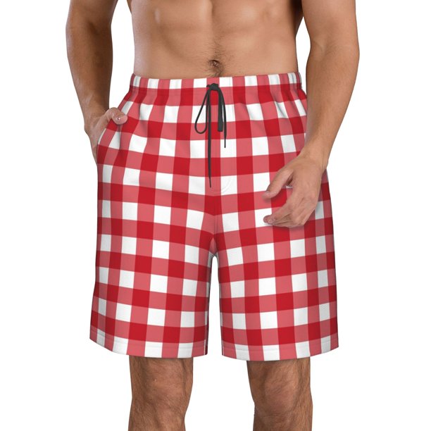 Fotbe Red Checkboard Trajes de Baño Estampados para Hombre, Shorts de Verano de Secado Rápido, Ropa de Playa, Bañadores-Small
