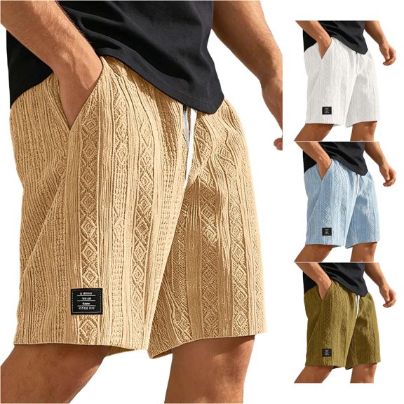 FINALGANG Mens Elastic Drawstring Jacquard Knit Label Patch Casual Shorts Summer Daily Loose Fit Soft Breathable Side Pocket Walking Bottoms For Men Gold XXL