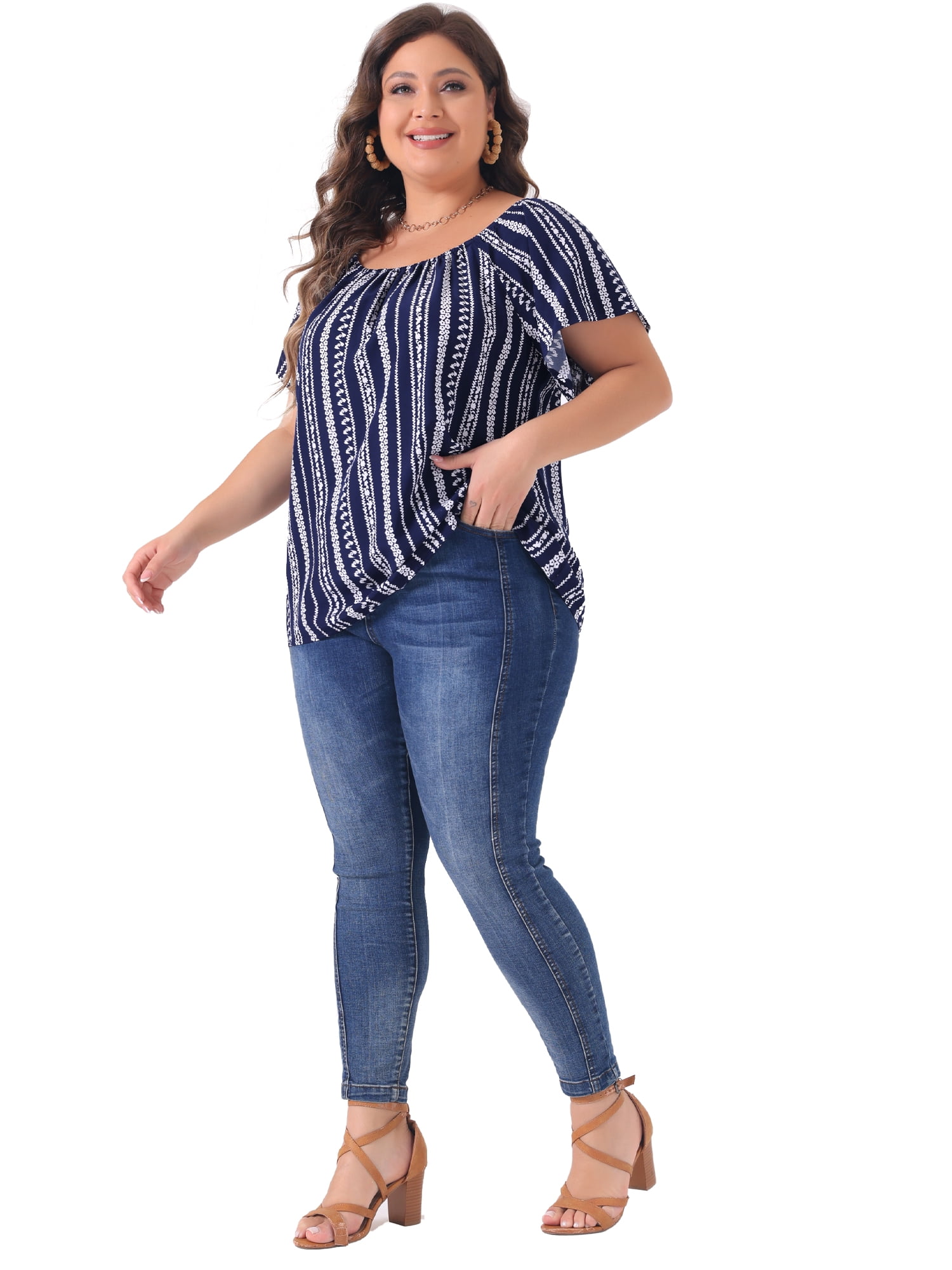 DARING DIVA Women's Plus Off Shoulder Boho Casual Blouse 4X Dark Blue