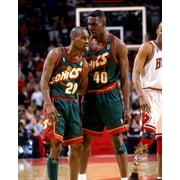 Gary Payton Seattle Supersonics Unsigned Hardwood Classics Talking With Shawn Kemp During 1996 NBA Finals Photograph