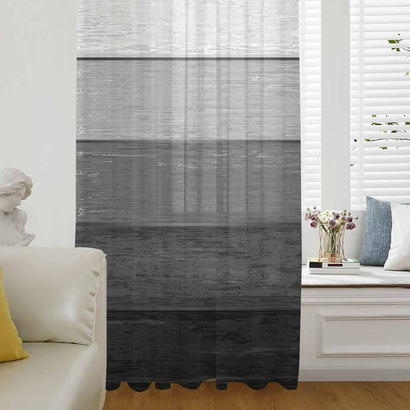 Black Grey Ombre Semi Sheer Curtains Drapes for Living Room, Bedroom, French Doors Window 72 Inches Long, Farmhouse Vintage Wooden Striped Rod Pocket Chiffon Curtain Drapery Voile Draperies Panel