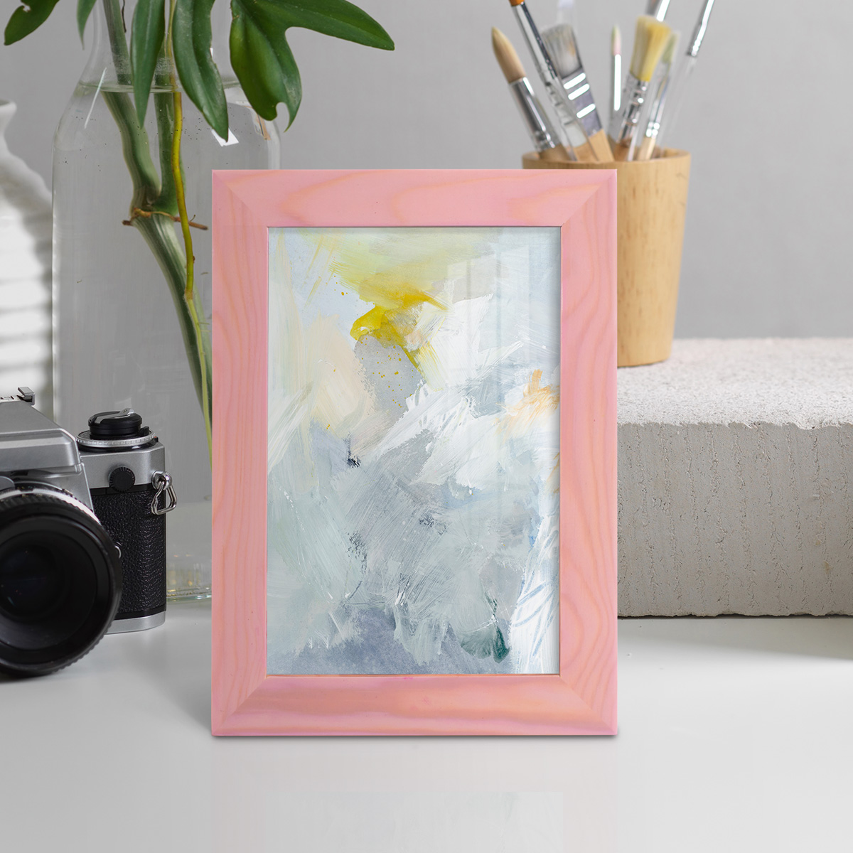 Canary and Sky II - Framed Print w/glass - Sunset Pink