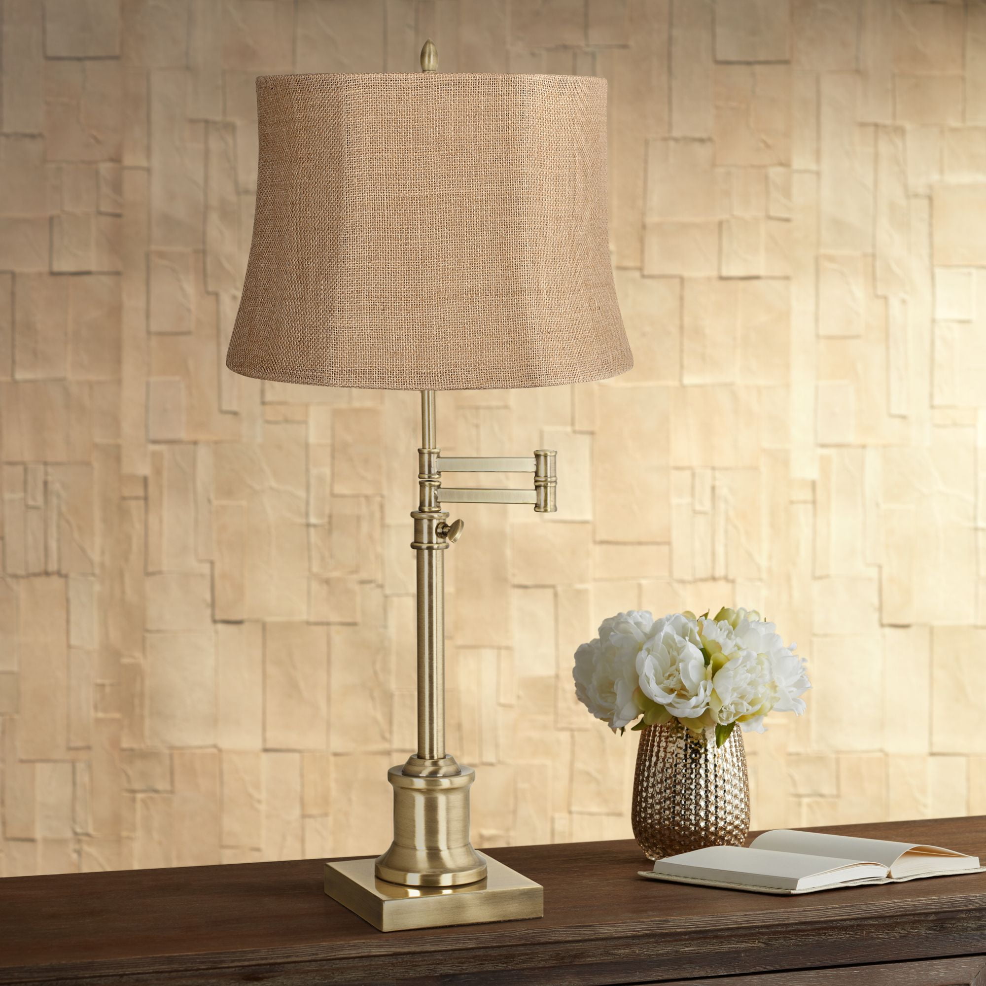 Springcrest Natural Burlap Medium Drum Lamp Shade 12" Top x 14" Bottom x 10" High (Spider) Replacement with Harp and Finial