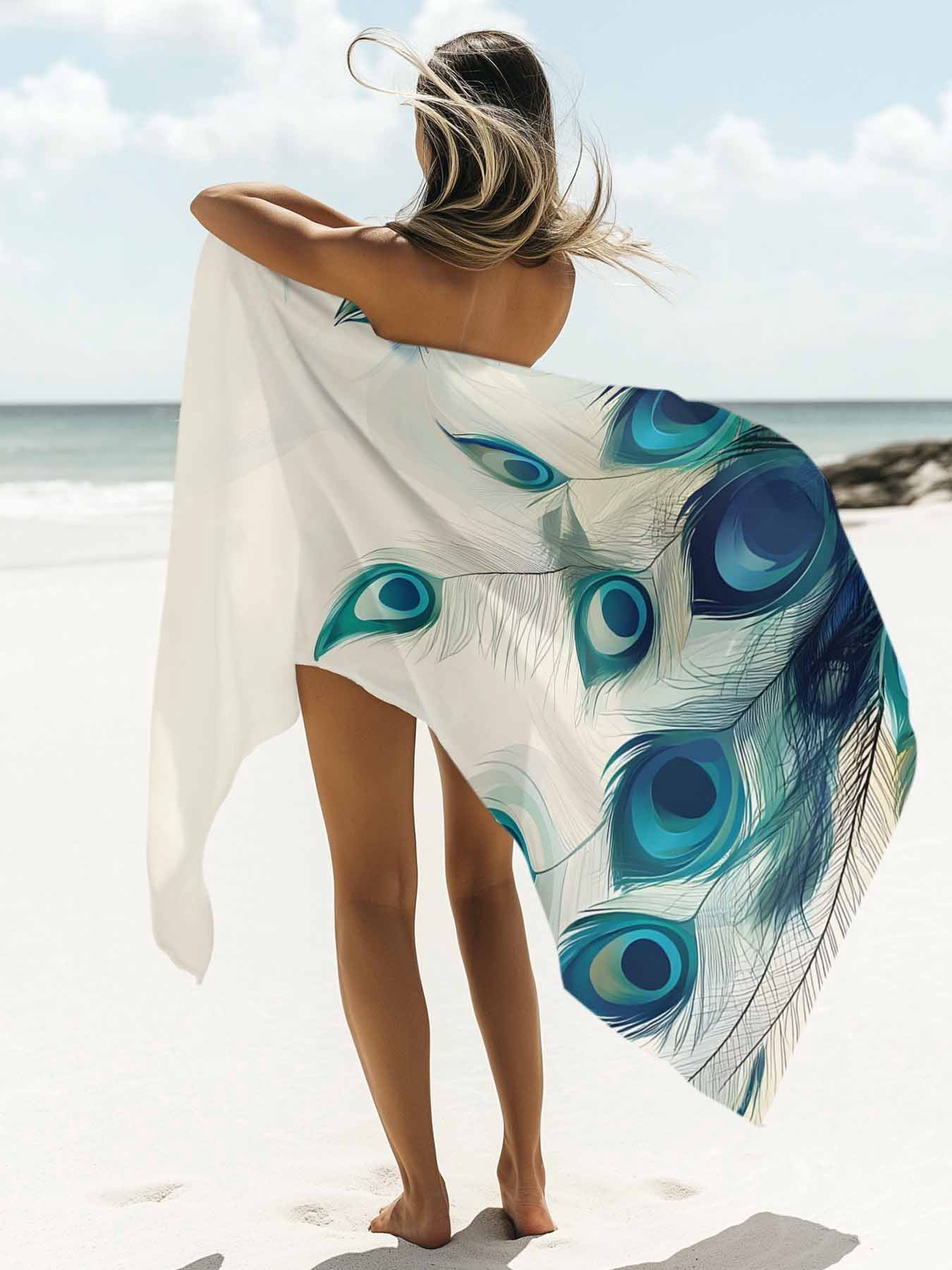 Teal Turquoise Peacock Print Beach Towels Blanket Soft & Absorbent Quick Dry Microfiber Cream Color Pool Towels for Swimming ,Yoga, Sports, Gym, Camping,Large 30X60in,