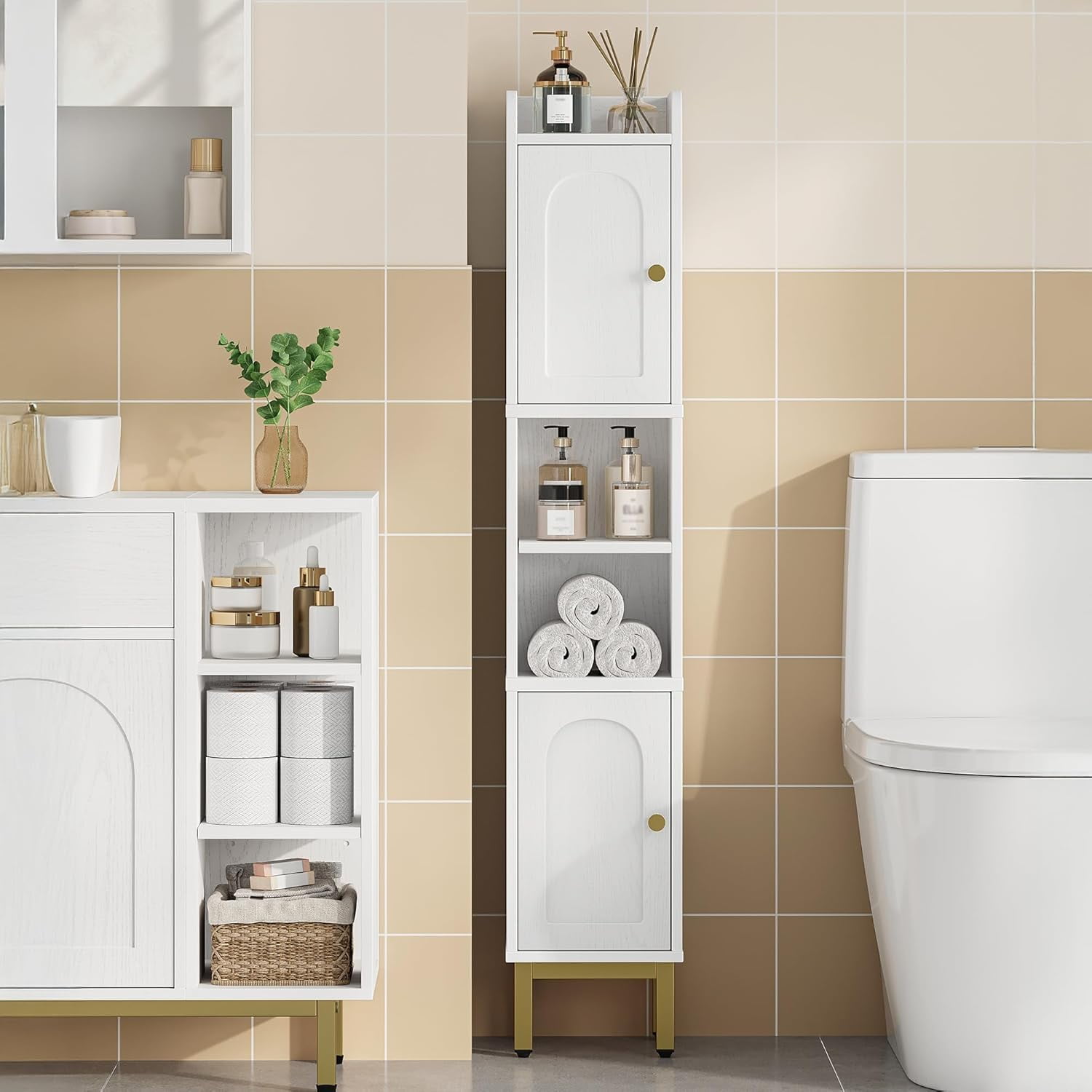 Bathroom Storage Cabinet, Narrow Bathroom Cabinet for Small Spaces with 2 Doors, 4 Adjustable Feet, Slim Freestanding Design, White