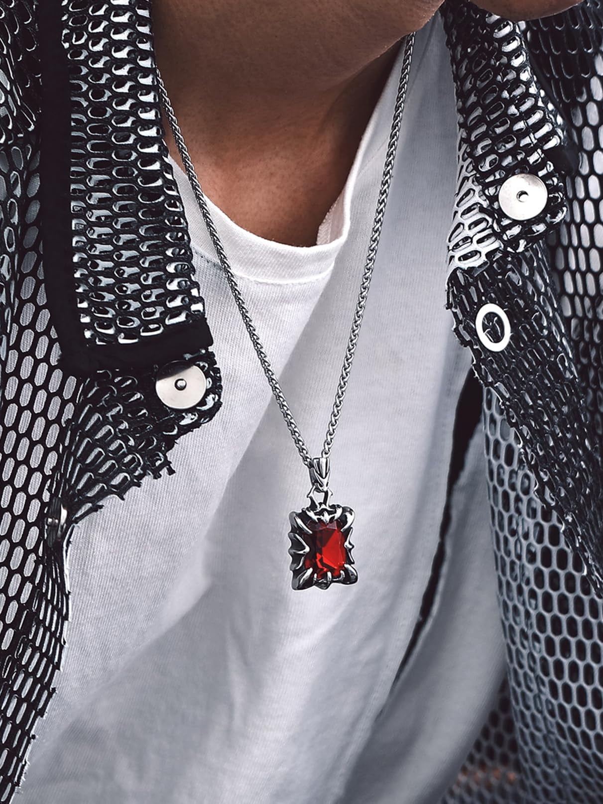 Bandmax Gothic Stainless Steel Necklaces for Men Women Dragon Claw Pendant Ruby Stone Vintage Goth Punk Necklace for Gift