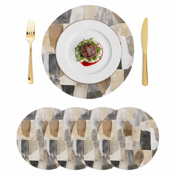 Black Brown Color Blocks Round 15 Inch Placemats Set of 4, Abstract Geometric Art HeatResistant Non Slip Place Mats for Dining Table, Wipeable Braided Kitchen Table Mats for Housewarming