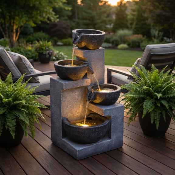 39.4" Outdoor/Indoor Water Fountain, Modern 4-Tier Bowl Waterfall Fountain with Warm LED Lights, Floorstanding Resin Fountai with Quiet Pump for Patio Garden Porch Entryway Backyard Decor