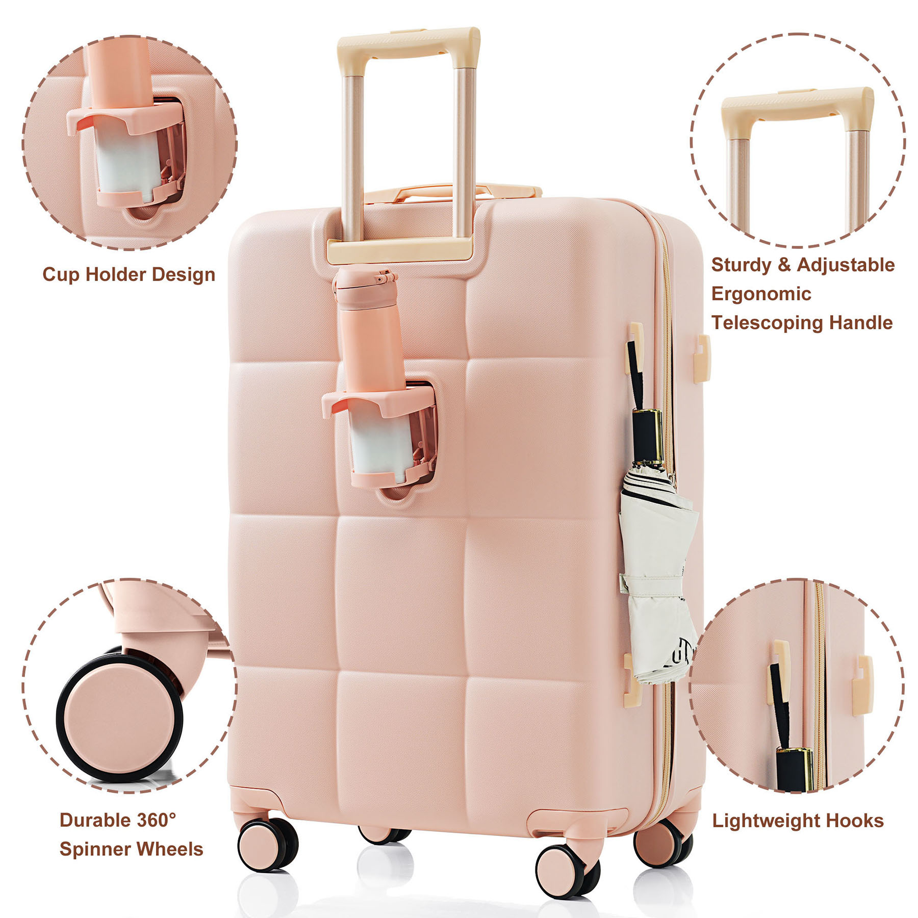 CQSXDA ABS Travel Luggage Set of 3 Airline Certified Carry-on Luggage with Cup Holder Durable ABS Hard Shell Luggage with Smooth Spinner Wheels  Pink