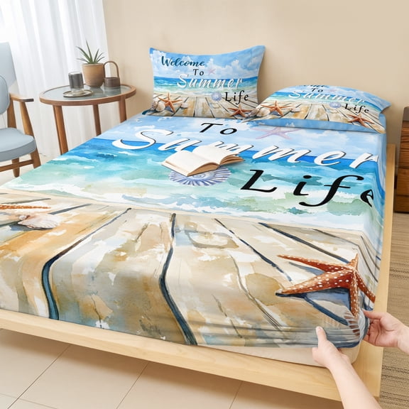 Cal.King Size Fitted Sheet Set - Coastal Beach 3 Piece Bedding Sets 16" Deep Pocket Fitted Sheet with 2 Pillowcases, Summer Ocean Wave Starfish Shell Plank Brushed Microfiber Hotel Luxury Bed Sheets