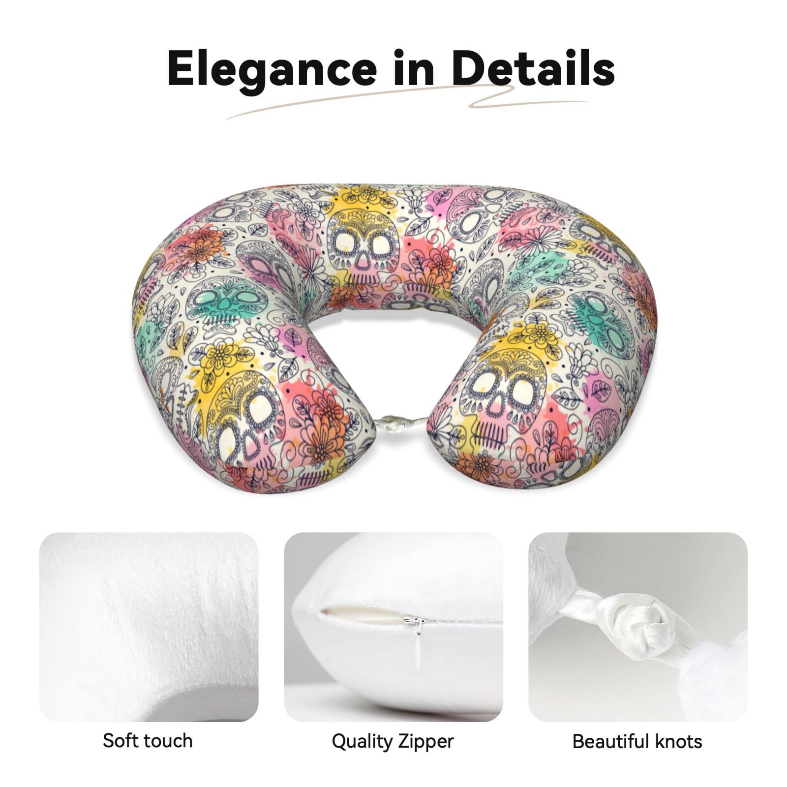 Xecao Skull and Flowers Print Memory Foam Cervical Neck Pillow Versatile U-Shaped Pillows for Home,Office,Camping,Travelling,Soft Washable Cover