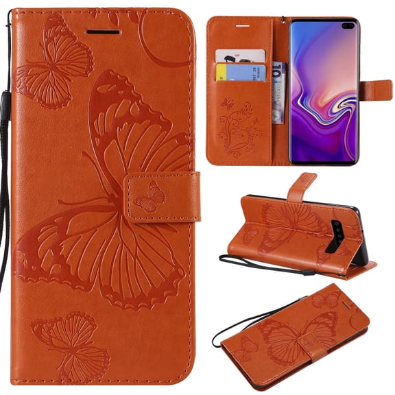 S10 Plus Case, Samsung Galaxy S10 Plus Case - Allytech Premium Wallet PU Leather with Fashion Embossed Floral Butterfly Magnetic Clasp Card Holders Flip Cover with Hand Strap, Orange