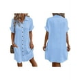 thumbnail image 3 of Womens Summer Cotton Linen Button Down V-Neck Casual Short Sleeve Loose Tunic Dresses Blue S, 3 of 7