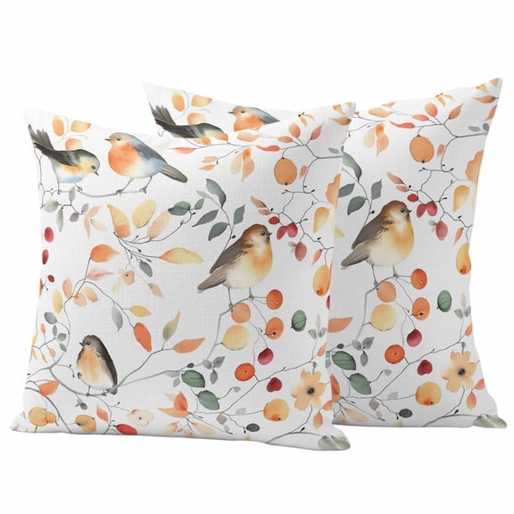 Thanksgiving Fall Outdoor Waterproof Pillow Covers, Autumn Branch Bird Orange Botanical Decorative Square Throw Pillowcase Sofa Cushion Sham for Patio/Couch/Chair, 16"x16" 2 Pack