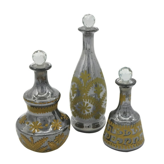 A&B Home Set of 3 Antiqued Silver Glass Decorative Bottles with Botanical Motif