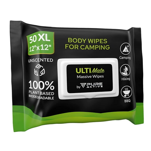 Body Wipes for Camping 50 XXL Camping Wipes 12''x 12'', Shower Body Wipes for Camping, Body and Face Wipes, Biodegradable Personal Hygiene Body Cleansing Wipes for Women Men Kids Elderly Travel