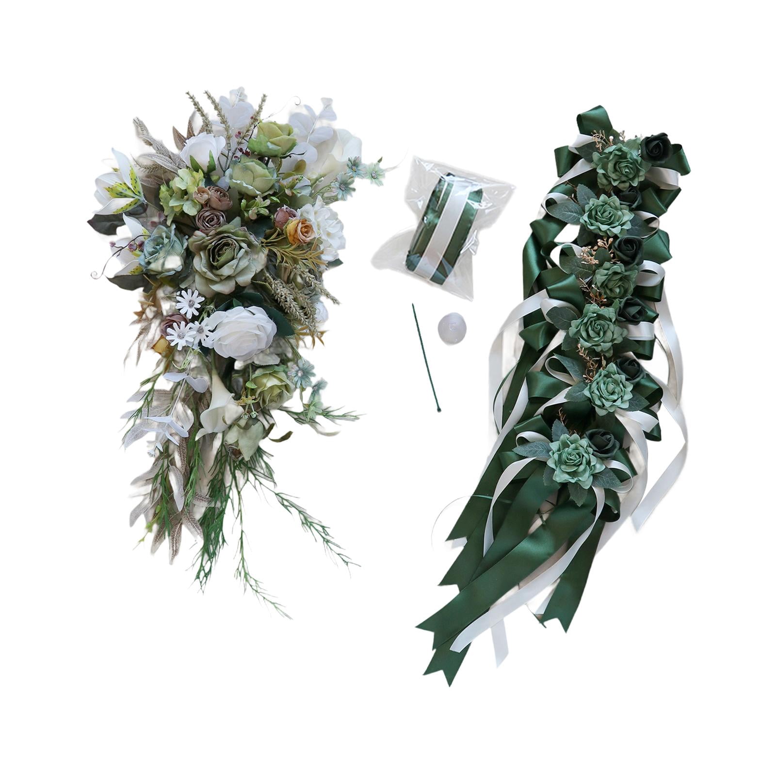 Tachiuwa Wedding Car Decoration Set Artificial Flowers Easy Installation Elegant Wedding Car Ribbons and Bows for Ceremony Accessories Green