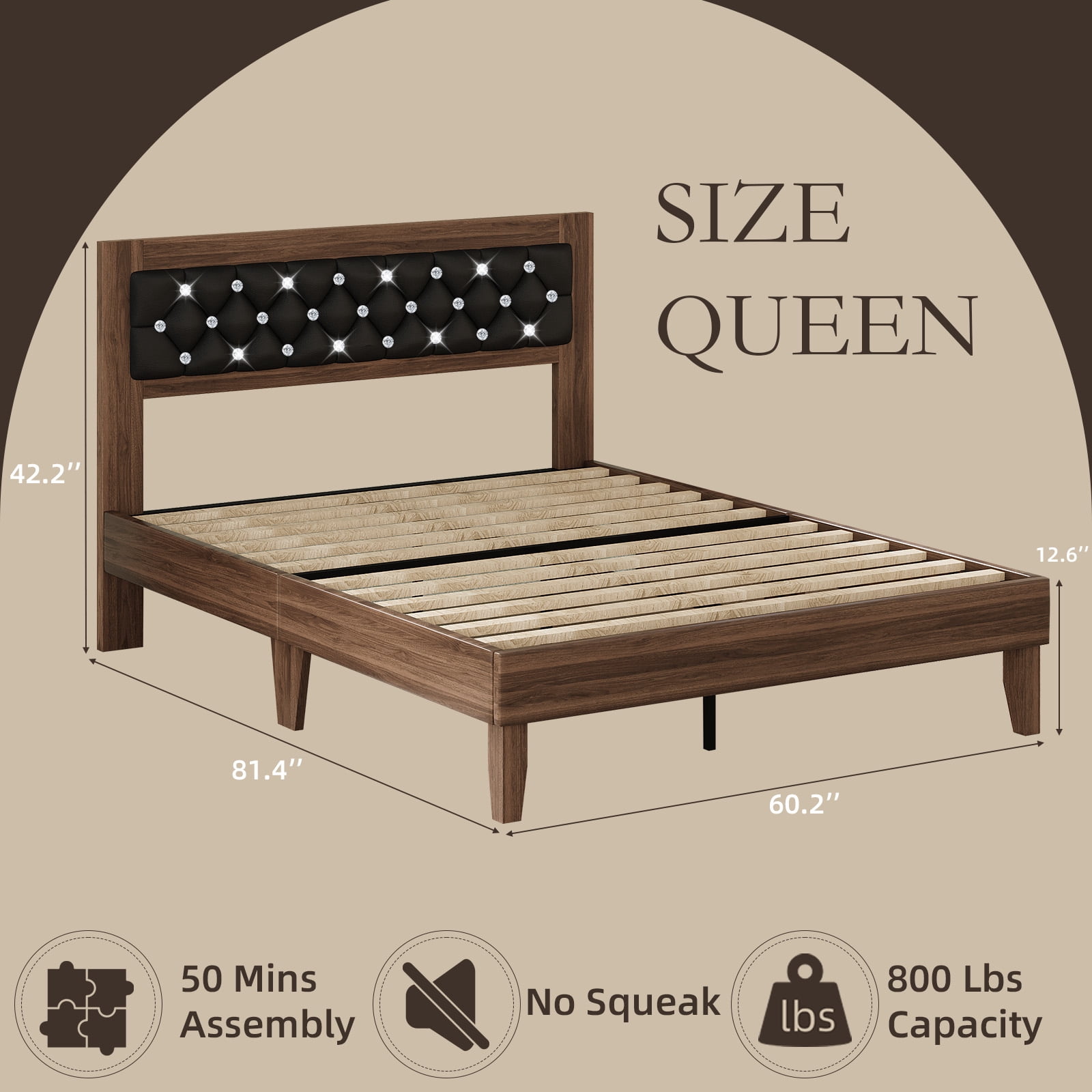 4 EVER WINNER Queen Size Rustic Platform Bed Frame, Luxury Diamond Tufted Headboard, Heavy-Duty Noise-Free, No Box Spring Required, Tool-Free Assembly, Walnut & Black