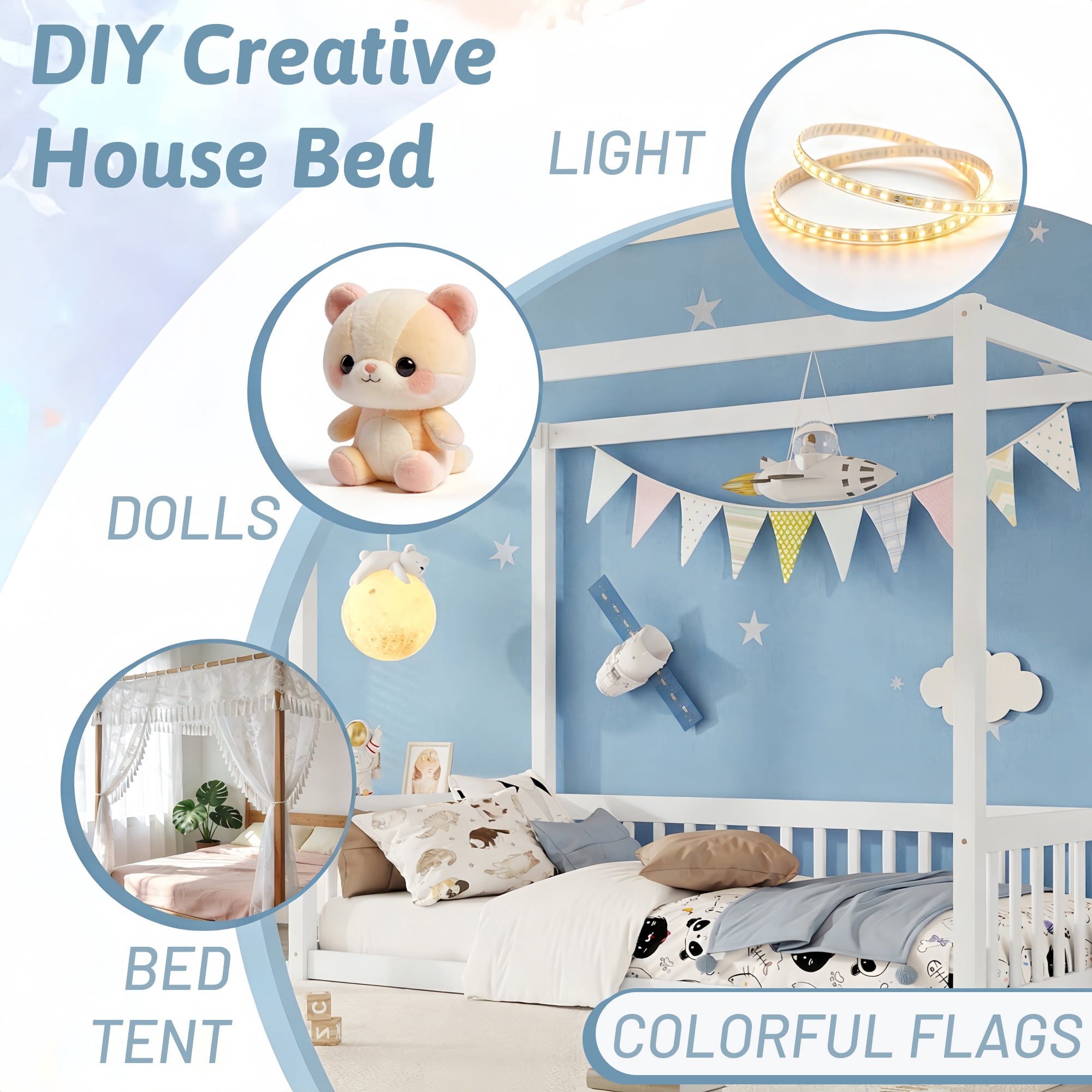 Alvantor Twin Size Floor Bed with Canopy Fence Guardrails for Kids Children Toddler Girls Boys, White