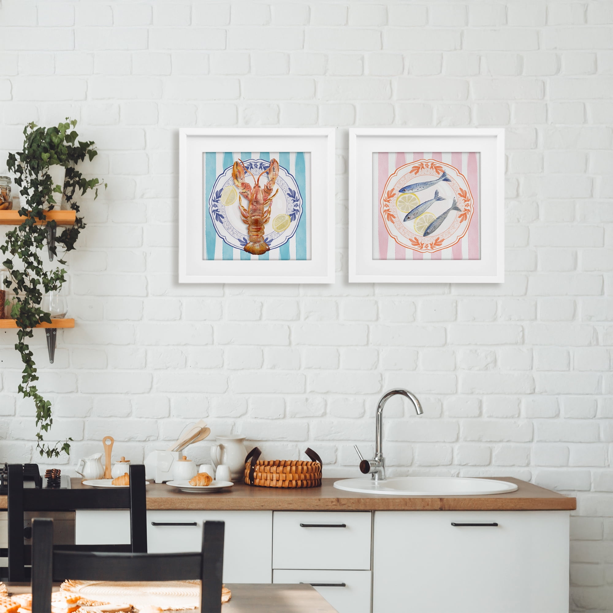 Stupell Industries Lobster & Sardines Plates 2 Piece White Framed Print Under Glass Set, design by Christie Adams