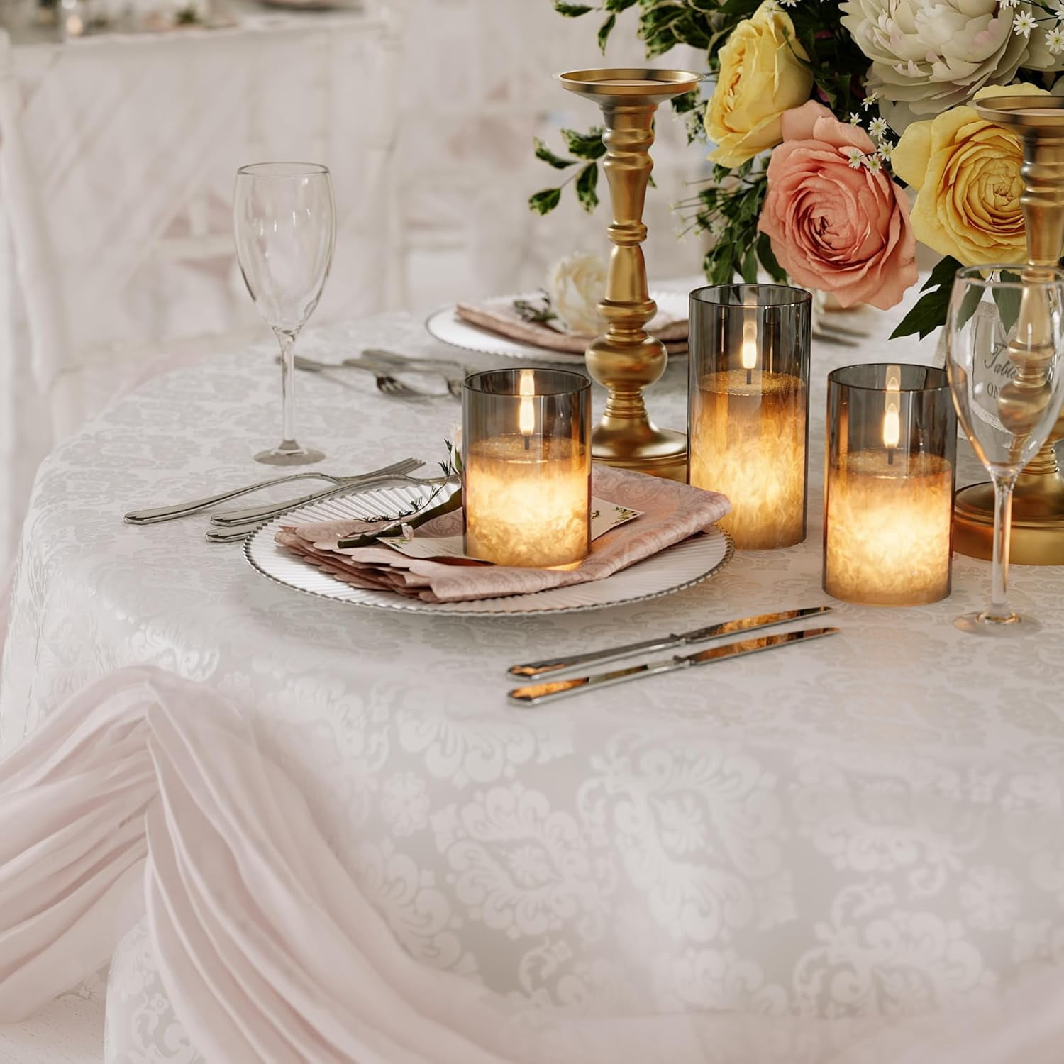 Ice Crystal Real Wax Glass Flameless Candles with Remote & Timer, Battery Operated Candles with Warm Flickering Flame, Realistic LED Candle for Wedding Home Decor [D3×H4/5"/6"] Gold, 3Pack