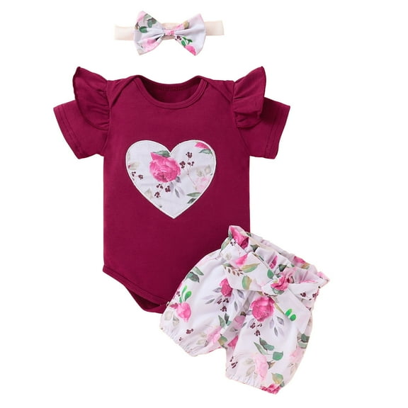 Dooleck Baby Girl Clothes Infant Toddler Heart Bodysuit Floral Short Pant Outfit Set