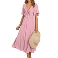 thumbnail image 2 of Lovskoo Summer Dress for Women 2024 Casual Short Sleeve Bow Tie V Neck Ruffle Midi Flowy Dresses Pink 2XL, 2 of 9