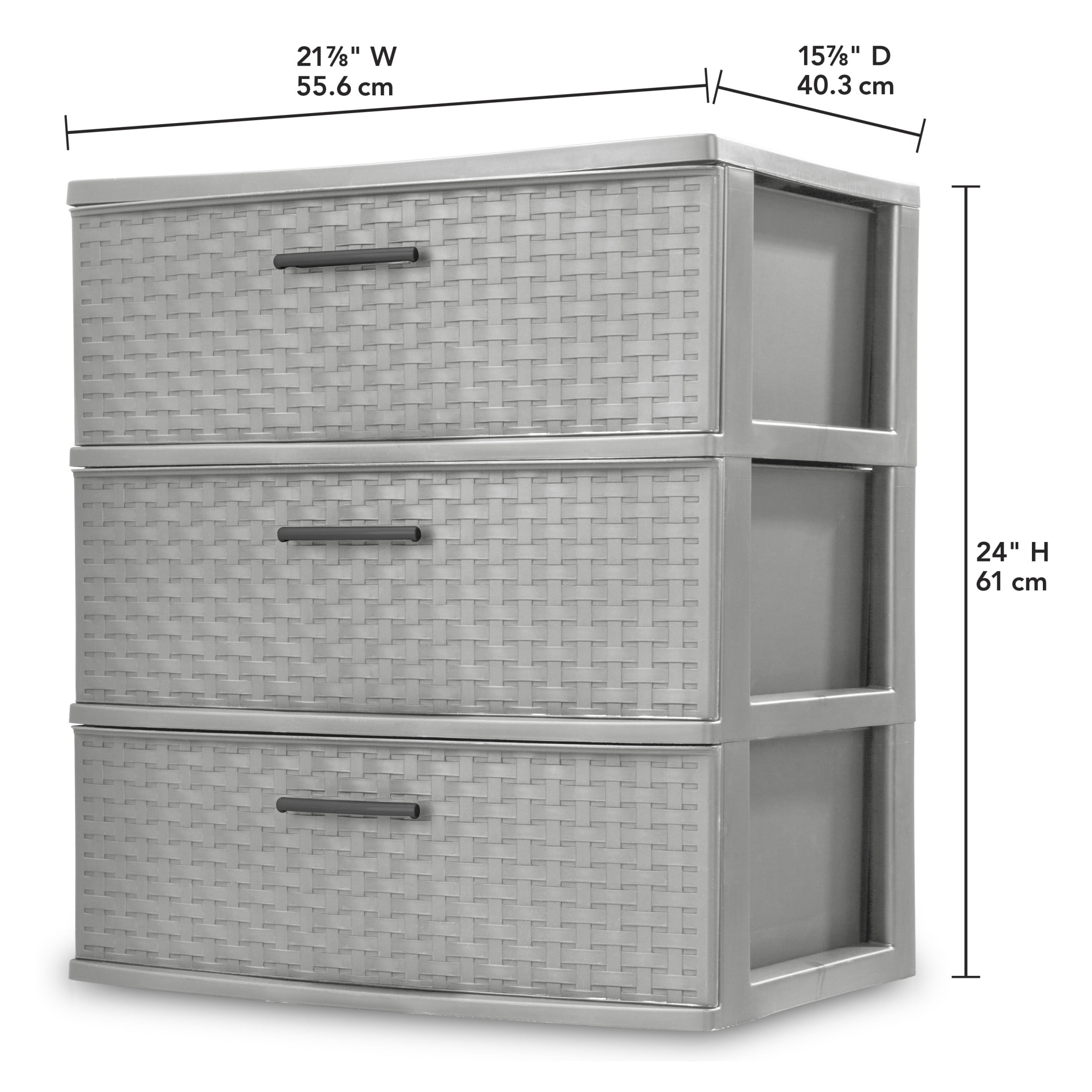 Sterilite 3 Drawer Wide Weave Tower, Plastic Décor Drawers with Pull Handles, Gray