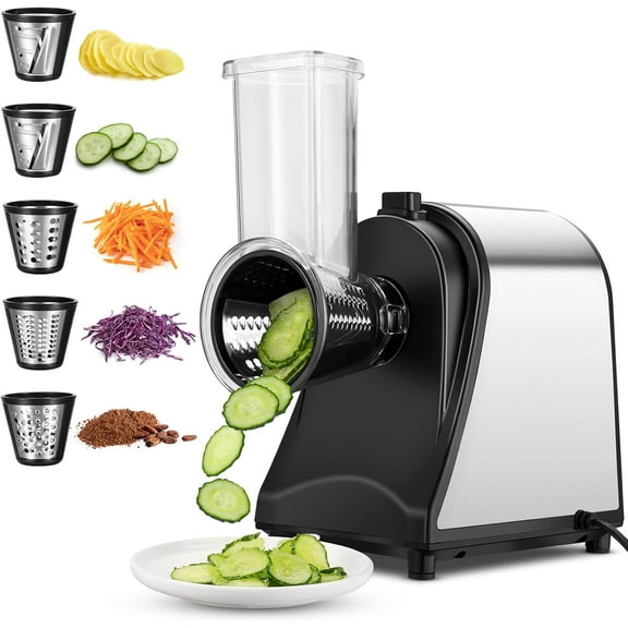 Homdox 250W Electric Cheese Grater, Electric Slicer Shredder, Salad Maker Electric Grater Electric Cheese Grater/Shredder with 5 Free Attachments, Ivory