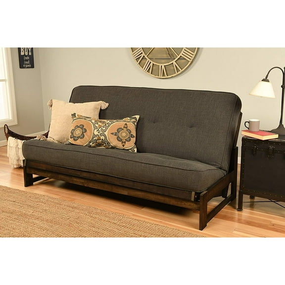 Full Size Futon Frame - Hardwood Futon Sofa Bed - Reclaimed Mocha Finish - Linen Charcoal Mattress