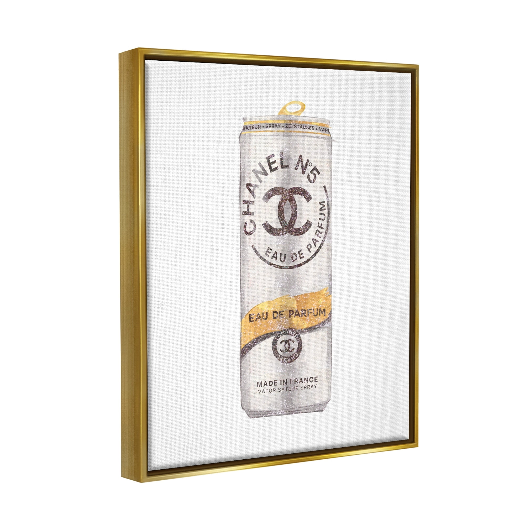 Stupell Industries Fashion Emblem Glam Perfume Beverage Can Style Metallic Gold Framed Floating Canvas Wall Art, 24x30, by Ziwei Li